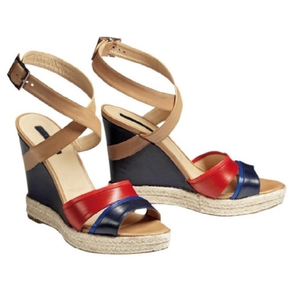 Wedge Espadrille Sandals in Red, Navy & Tan